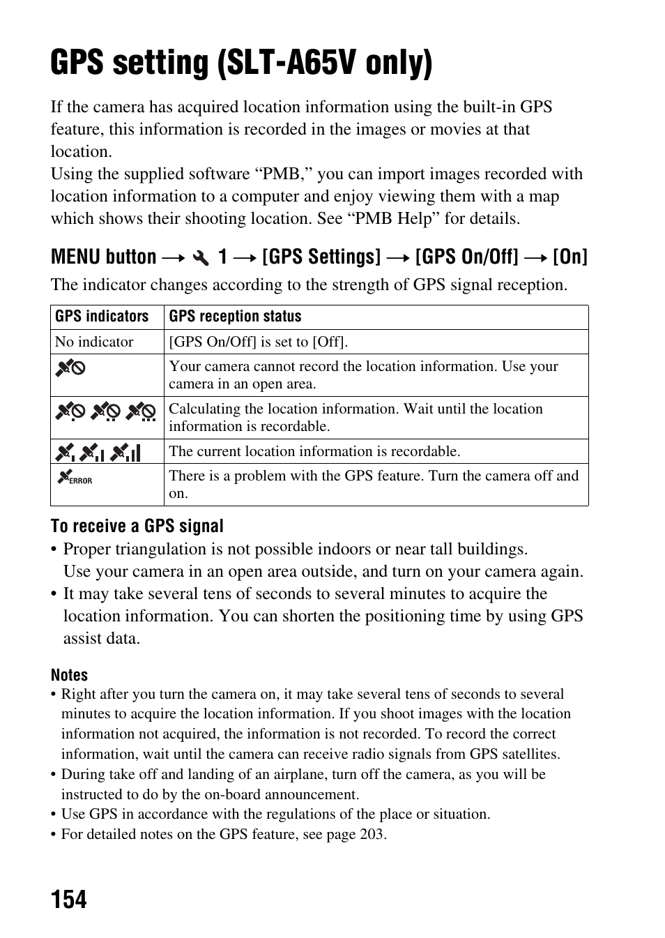 Setup of the camera, Gps setting (slt-a65v only), Ngs (154) | Setup of the camera (advanced operations) | Sony SLT-A65VL User Manual | Page 154 / 214