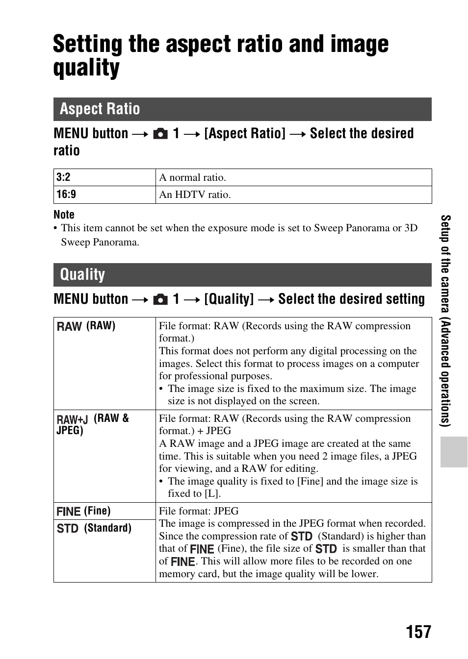Setting the aspect ratio and image quality, Aspect ratio, Quality | Aspect ratio quality | Sony SLT-A65VL User Manual | Page 157 / 214