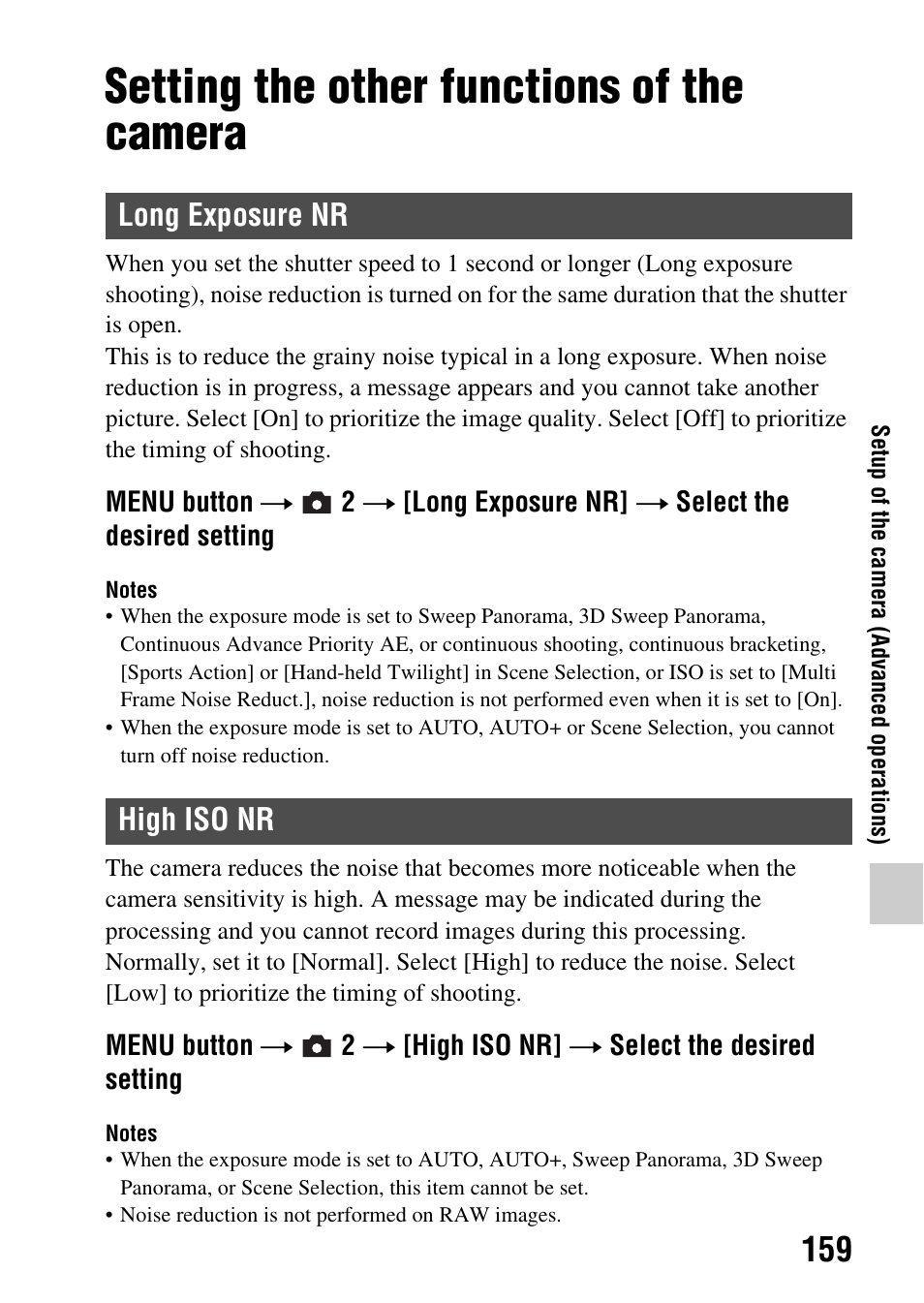 Setting the other functions of the camera, Long exposure nr, High iso nr | Long exposure nr high iso nr, Nr (159) | Sony SLT-A65VL User Manual | Page 159 / 214