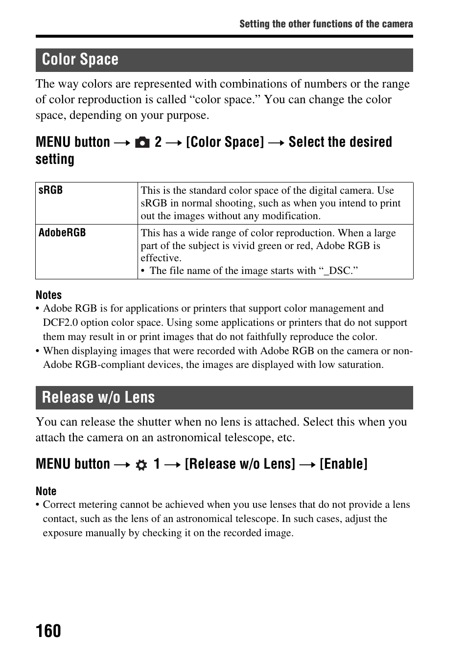 Color space, Release w/o lens, Color space release w/o lens | Ace (160), Menu button t 1 t [release w/o lens] t [enable | Sony SLT-A65VL User Manual | Page 160 / 214