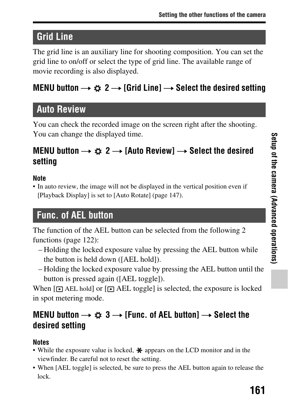 Grid line, Auto review, Func. of ael button | Grid line auto review func. of ael button, E (161) | Sony SLT-A65VL User Manual | Page 161 / 214