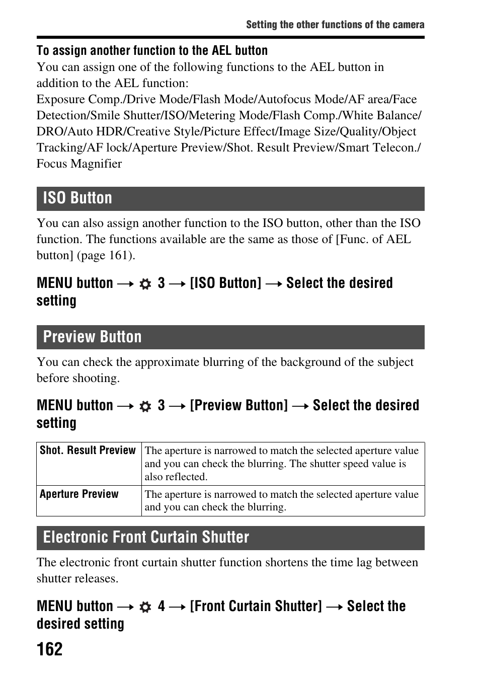 Iso button, Preview button, Electronic front curtain shutter | On (162), Iso button preview button | Sony SLT-A65VL User Manual | Page 162 / 214