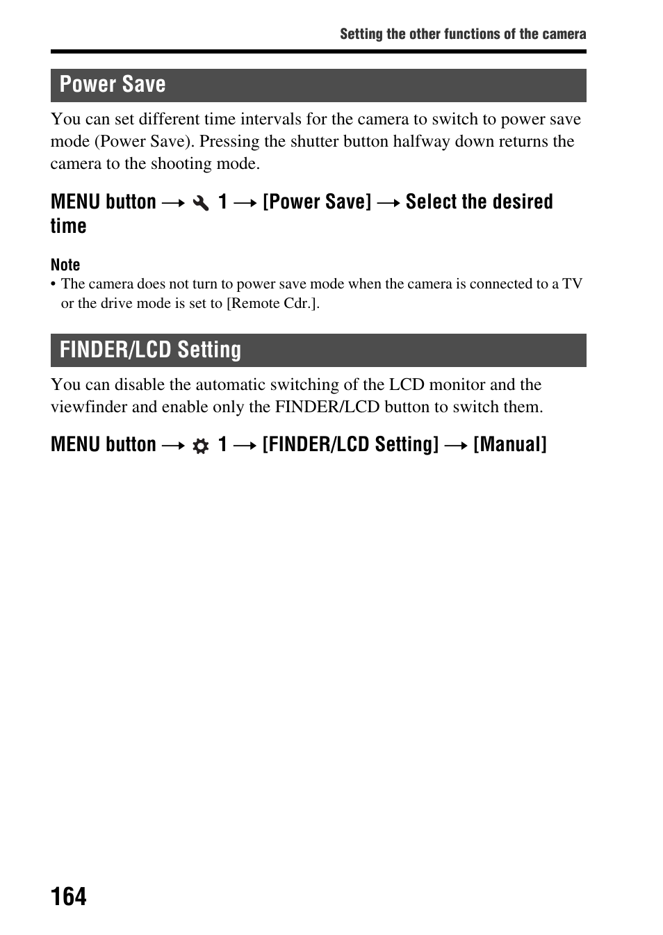 Power save, Finder/lcd setting, Power save finder/lcd setting | N (164), R save (164) | Sony SLT-A65VL User Manual | Page 164 / 214