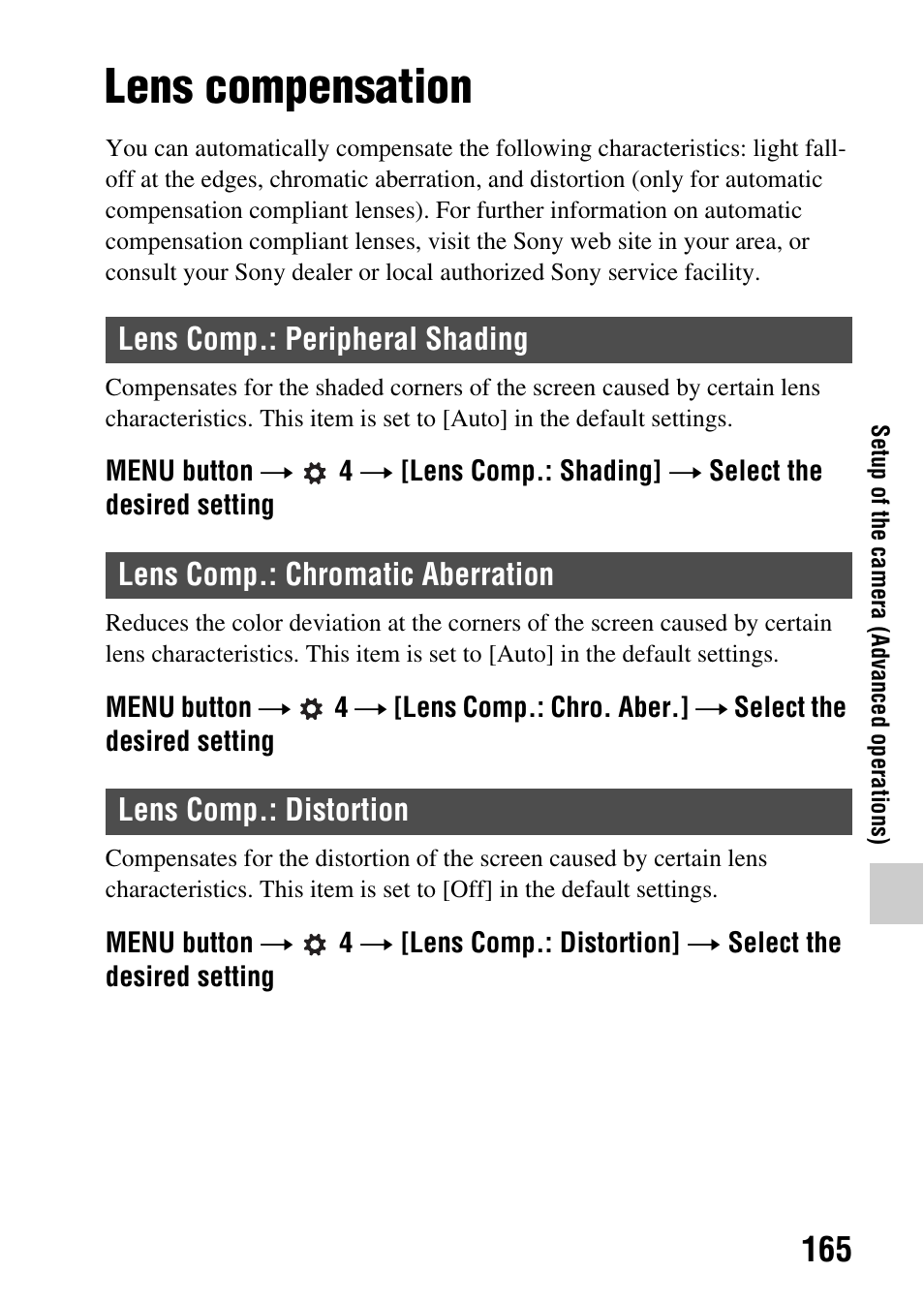 Lens compensation, Lens comp.: peripheral shading, Lens comp.: chromatic aberration | Lens comp.: distortion, Aber. (165), N (165) | Sony SLT-A65VL User Manual | Page 165 / 214