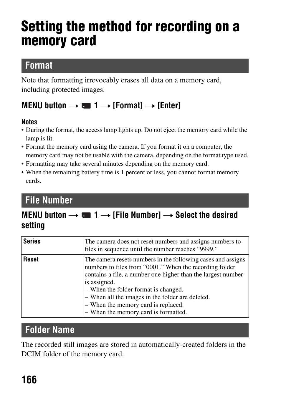 Setting the method for recording on a memory card, Format, File number | Folder name, Format file number folder name, Er (166), Format file number | Sony SLT-A65VL User Manual | Page 166 / 214