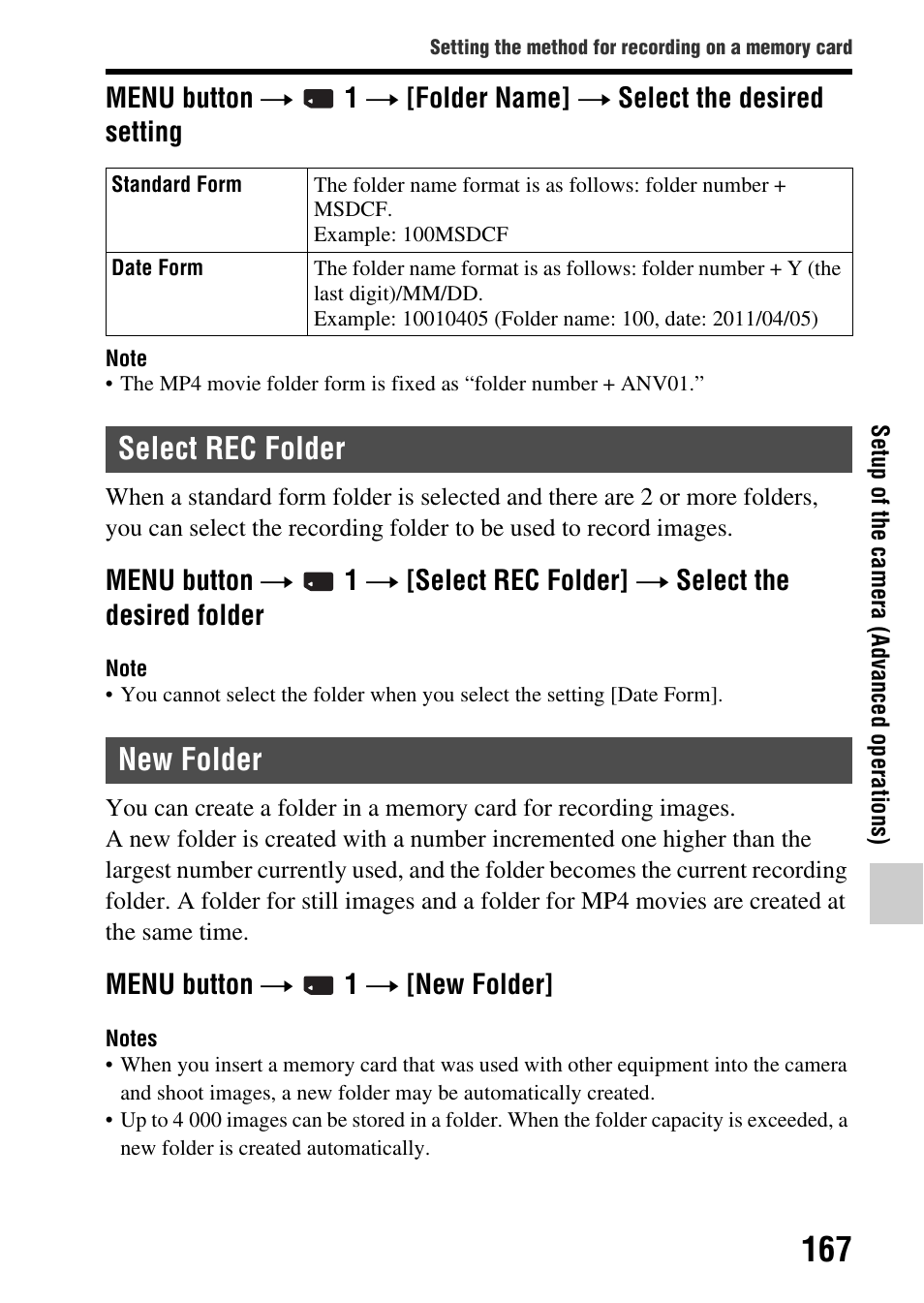 Select rec folder, New folder, Select rec folder new folder | Sony SLT-A65VL User Manual | Page 167 / 214