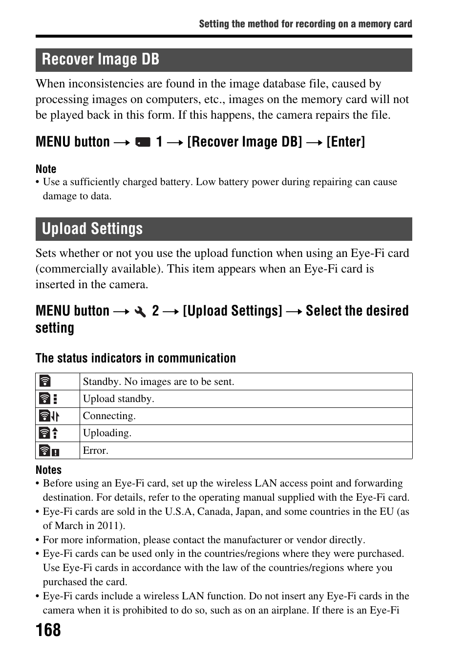 Recover image db, Upload settings, Recover image db upload settings | Load (168), Menu button t 1 t [recover image db] t [enter | Sony SLT-A65VL User Manual | Page 168 / 214