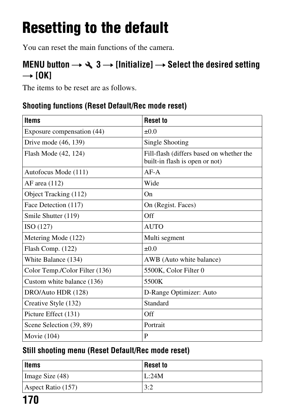 Resetting to the default, E (170) | Sony SLT-A65VL User Manual | Page 170 / 214