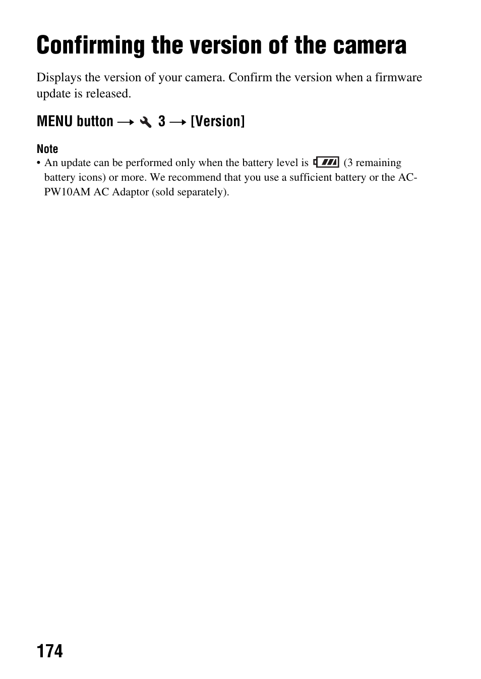 Confirming the version of the camera, Version (174) | Sony SLT-A65VL User Manual | Page 174 / 214