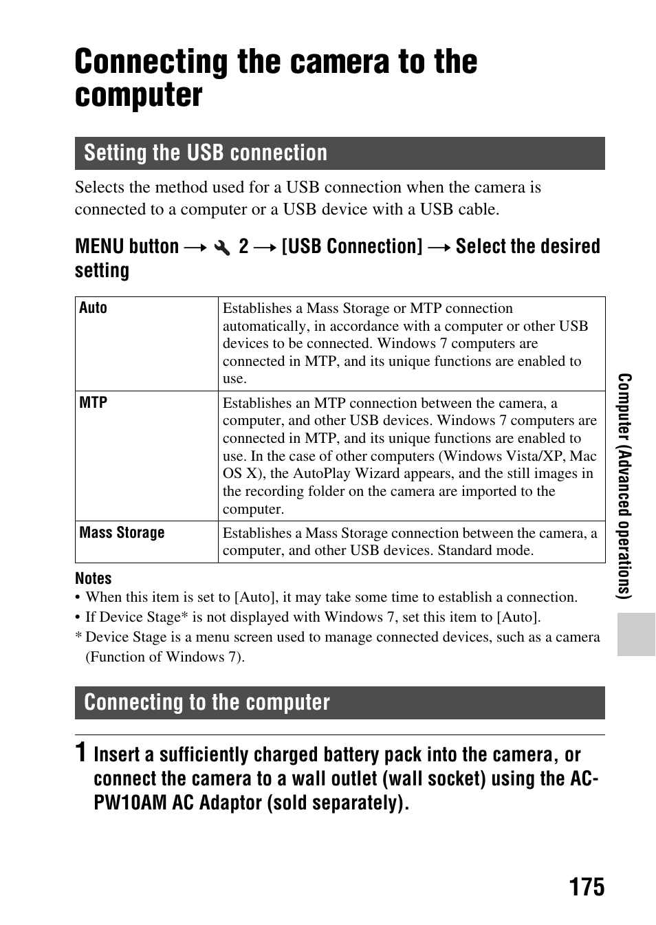 Computer, Connecting the camera to the computer, Setting the usb connection | Connecting to the computer, N (175), Computer (advanced operations) | Sony SLT-A65VL User Manual | Page 175 / 214