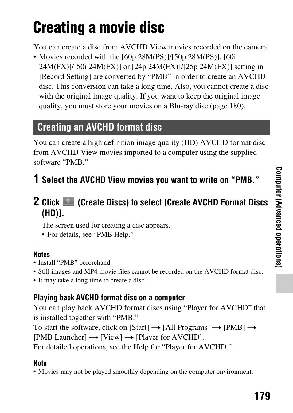 Creating a movie disc, Creating an avchd format disc | Sony SLT-A65VL User Manual | Page 179 / 214