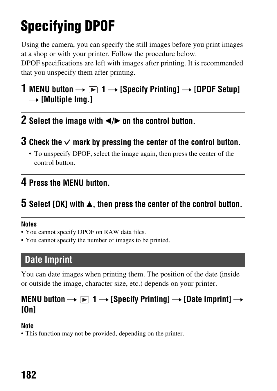 Print, Specifying dpof, Date imprint | Dpof set (182) | Sony SLT-A65VL User Manual | Page 182 / 214