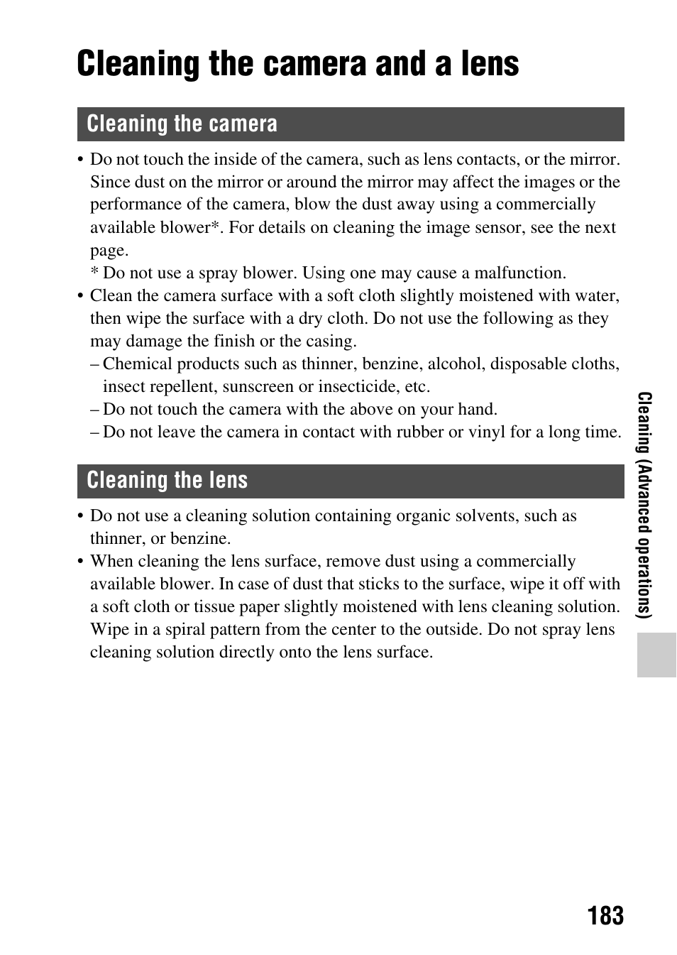 Cleaning, Cleaning the camera and a lens, Cleaning (advanced operations) | Cleaning the camera cleaning the lens | Sony SLT-A65VL User Manual | Page 183 / 214