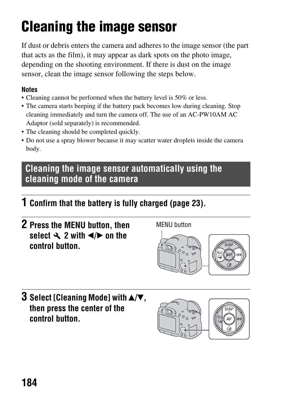 Cleaning the image sensor | Sony SLT-A65VL User Manual | Page 184 / 214
