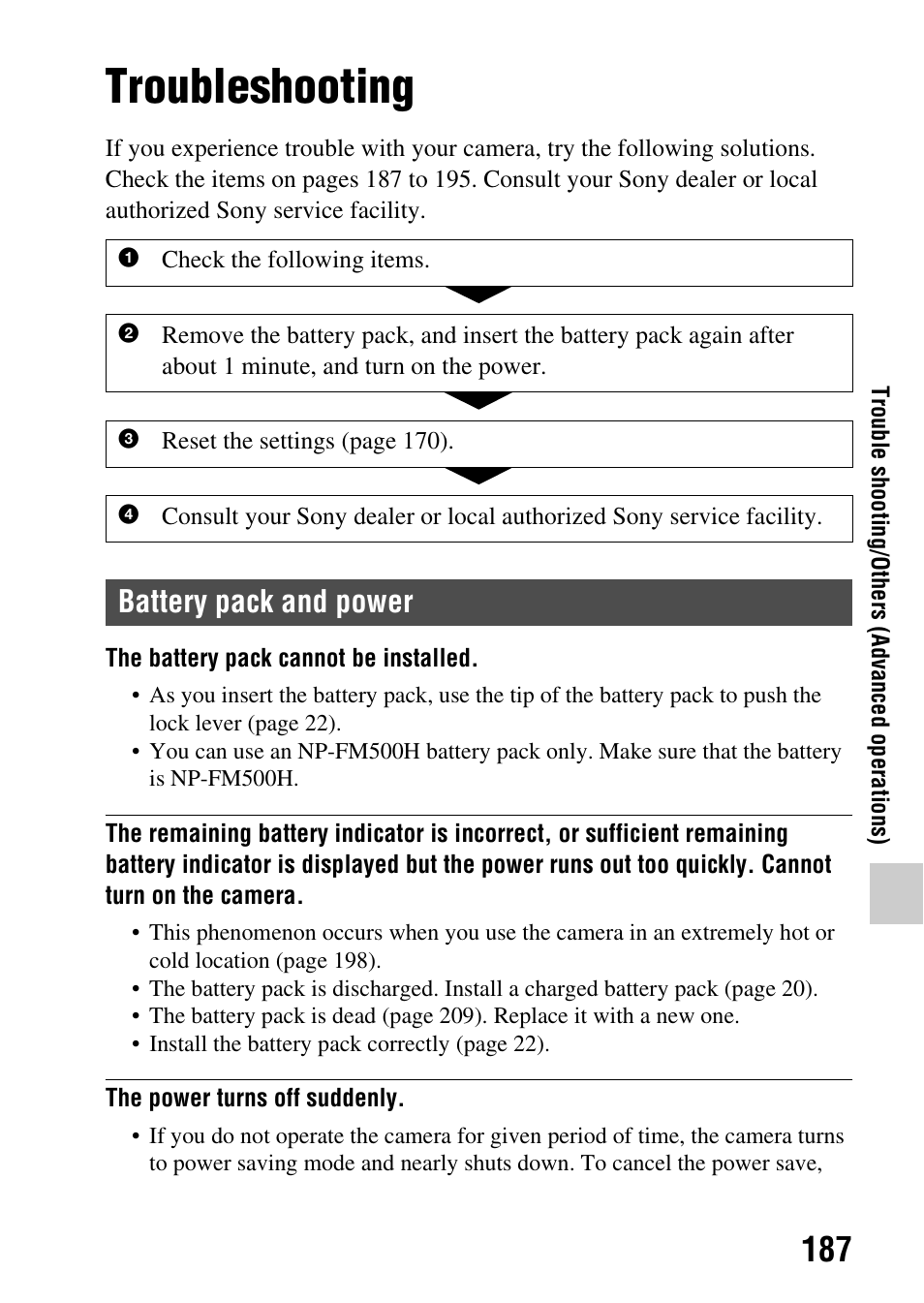 Trouble shooting/others, Troubleshooting, Trouble shooting/others (advanced operations) | Battery pack and power | Sony SLT-A65VL User Manual | Page 187 / 214