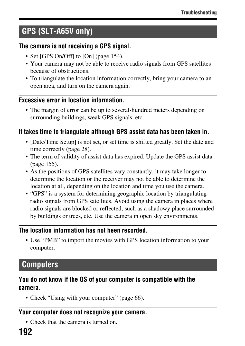 Gps (slt-a65v only) computers | Sony SLT-A65VL User Manual | Page 192 / 214