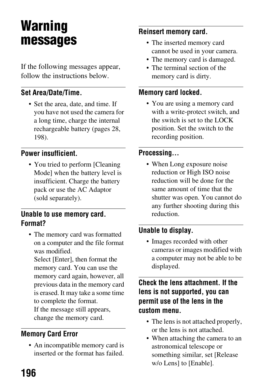 Warning messages, Trouble shooting/others (advanced operations) | Sony SLT-A65VL User Manual | Page 196 / 214