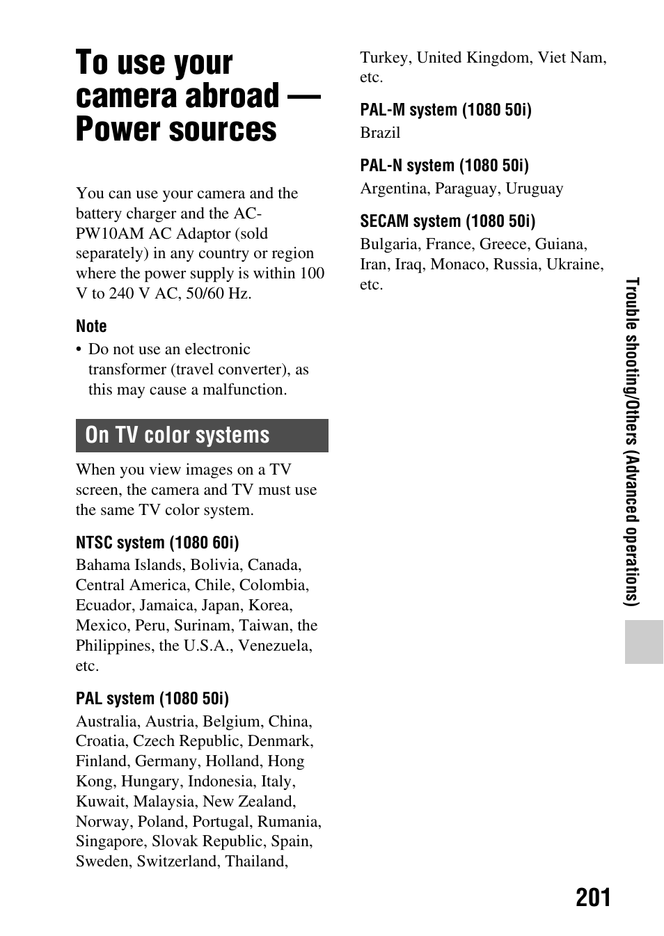 To use your camera abroad - power sources, To use your camera abroad — power sources, On tv color systems | Sony SLT-A65VL User Manual | Page 201 / 214
