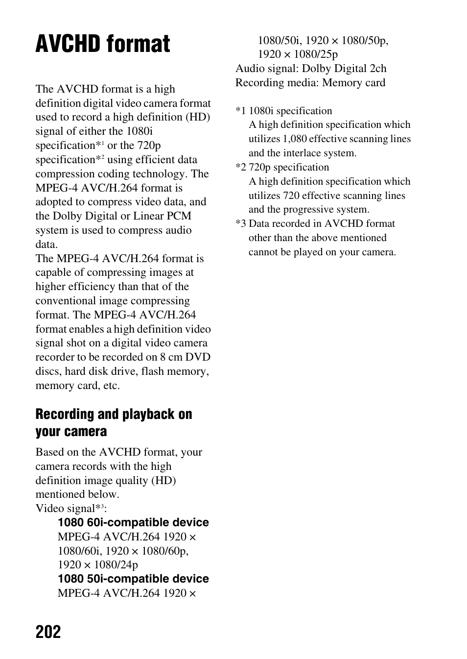 Avchd format, Recording and playback on your camera | Sony SLT-A65VL User Manual | Page 202 / 214