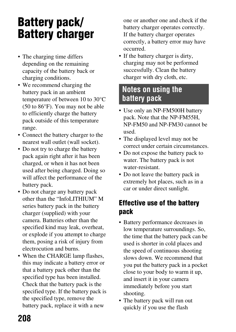 Battery pack/ battery charger, Effective use of the battery pack | Sony SLT-A65VL User Manual | Page 208 / 214
