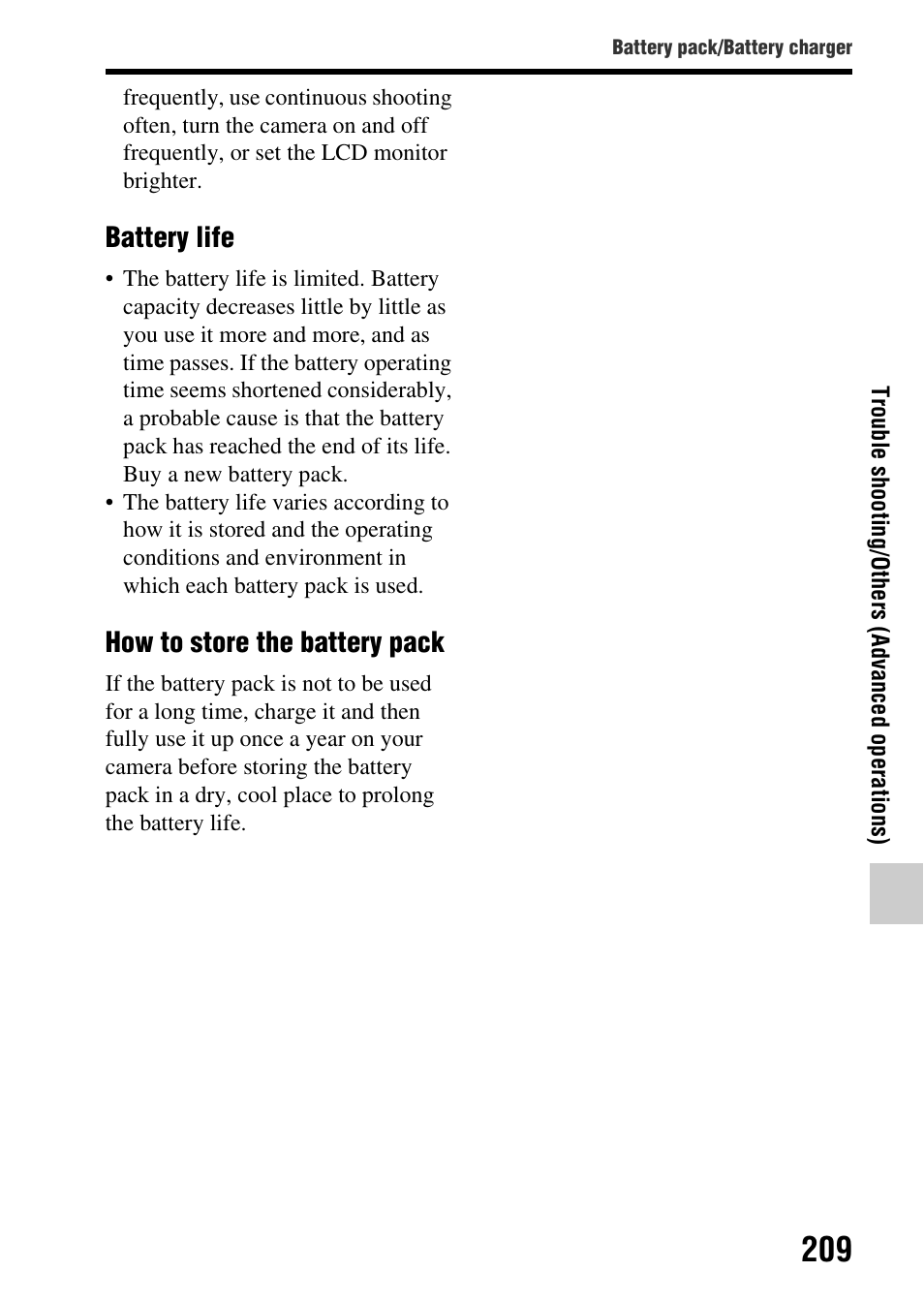 Battery life, How to store the battery pack | Sony SLT-A65VL User Manual | Page 209 / 214