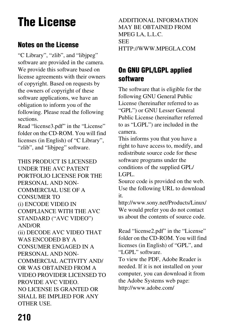 The license | Sony SLT-A65VL User Manual | Page 210 / 214