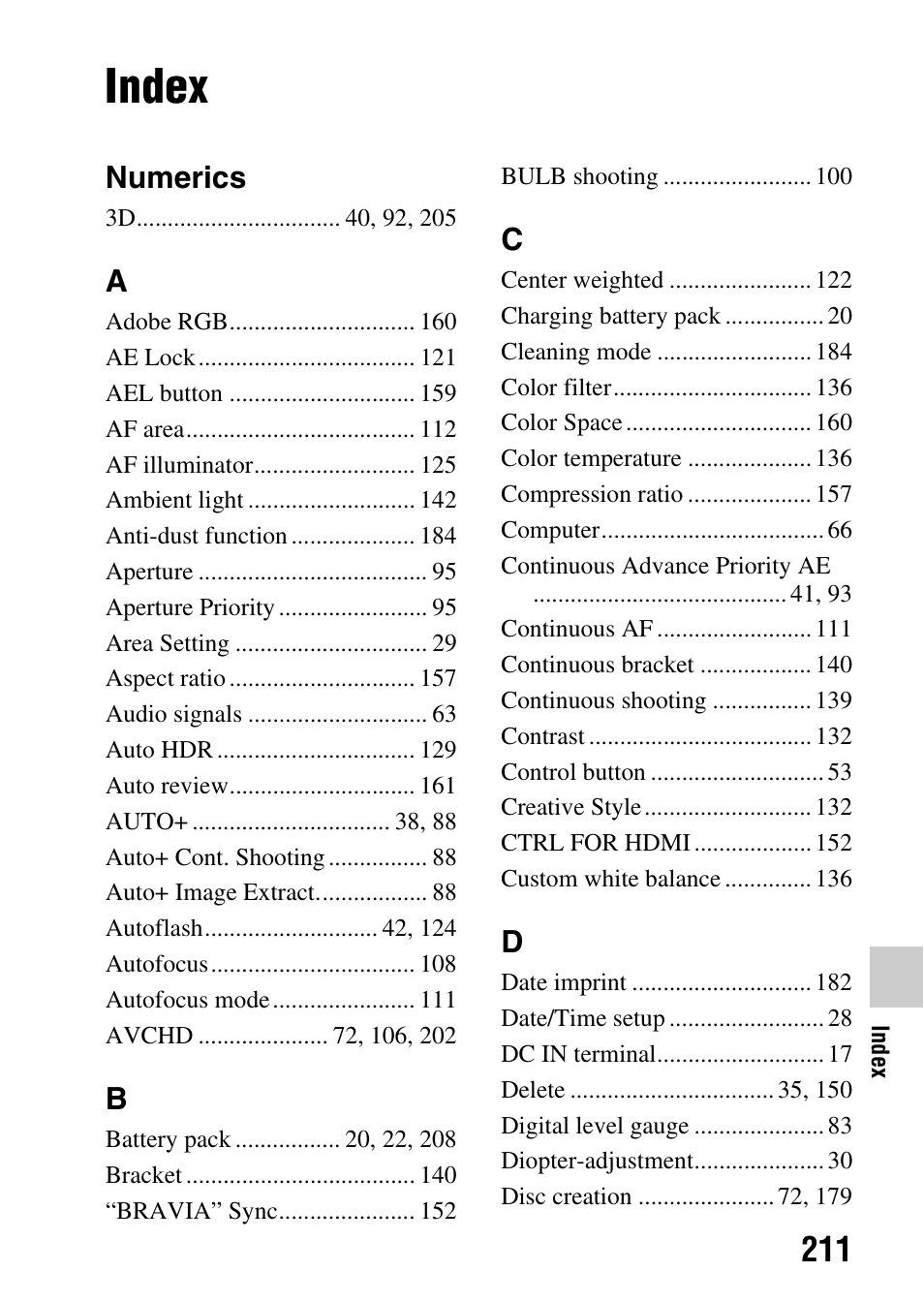 Index, Numerics | Sony SLT-A65VL User Manual | Page 211 / 214