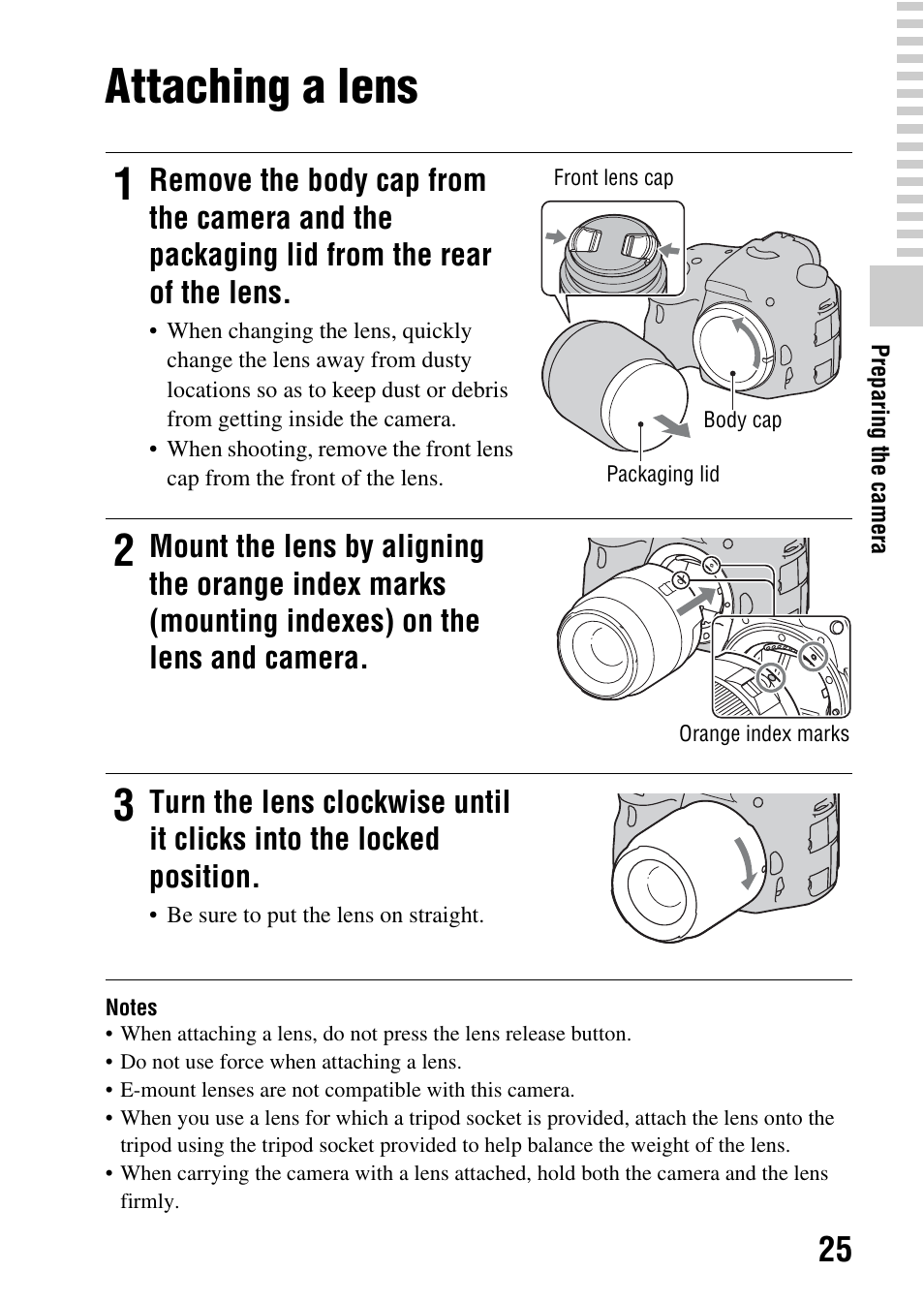 Attaching a lens, Dex (25) | Sony SLT-A65VL User Manual | Page 25 / 214