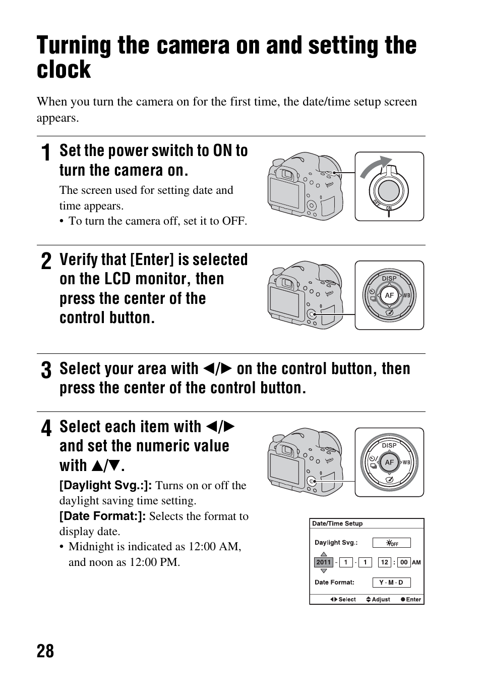 Turning the camera on and setting the clock, Itch (28) | Sony SLT-A65VL User Manual | Page 28 / 214