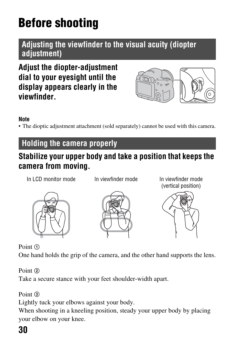 Before shooting, Holding the camera properly, Adjustment) | Sony SLT-A65VL User Manual | Page 30 / 214