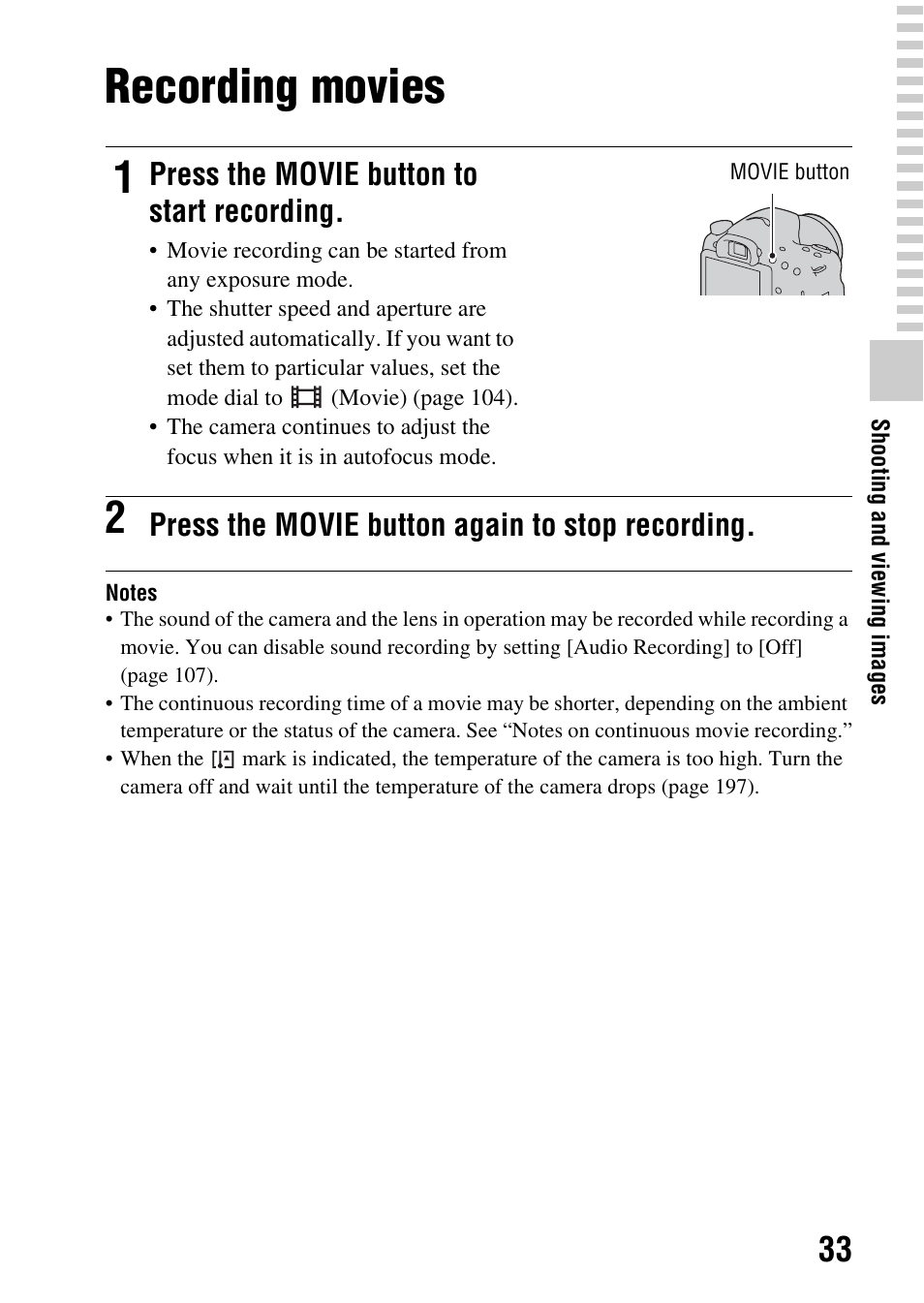 Recording movies, N (33, Press the movie button to start recording | Press the movie button again to stop recording | Sony SLT-A65VL User Manual | Page 33 / 214