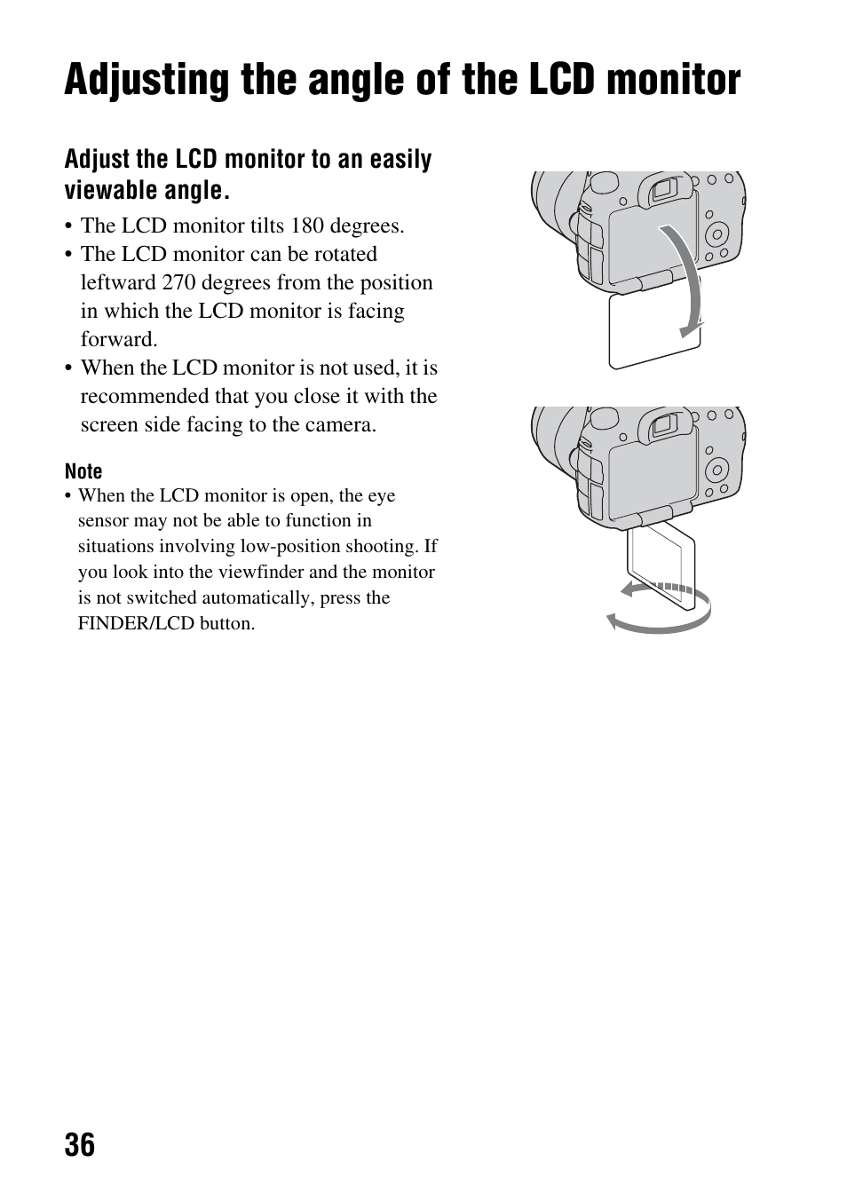 Shooting images to suit your subject, Adjusting the angle of the lcd monitor | Sony SLT-A65VL User Manual | Page 36 / 214