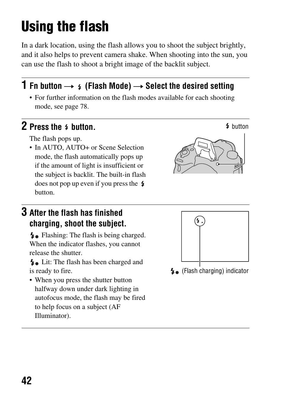 Using the shooting functions, Using the flash, In flash* (42 | N (42, Ow sync. (42 | Sony SLT-A65VL User Manual | Page 42 / 214