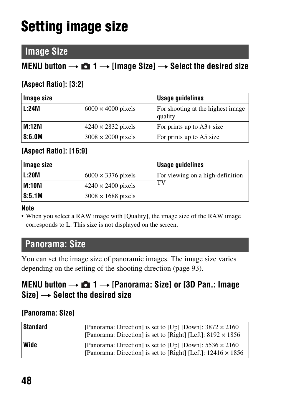 Setting image size, Image size, Panorama: size | Image size panorama: size | Sony SLT-A65VL User Manual | Page 48 / 214