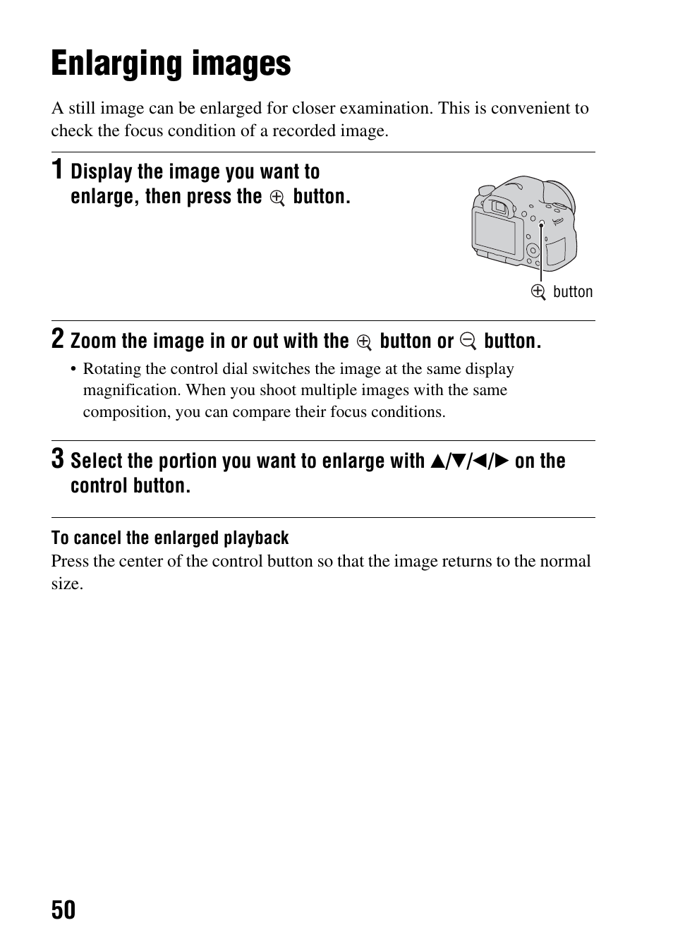 Using the playback functions, Enlarging images, N (50) | Sony SLT-A65VL User Manual | Page 50 / 214