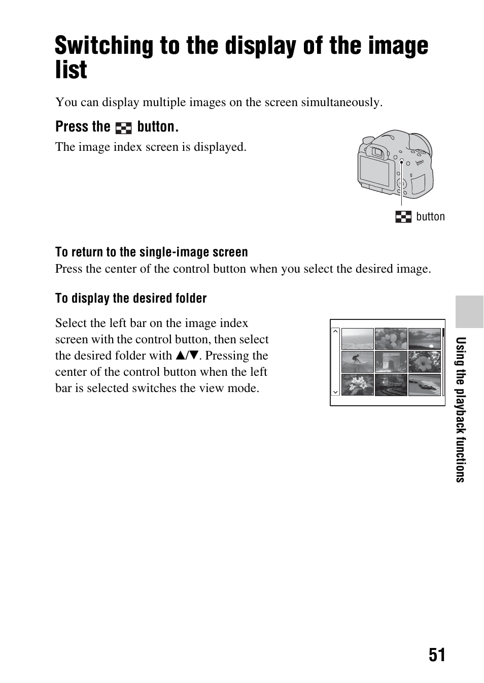 Switching to the display of the image list, N (51) | Sony SLT-A65VL User Manual | Page 51 / 214