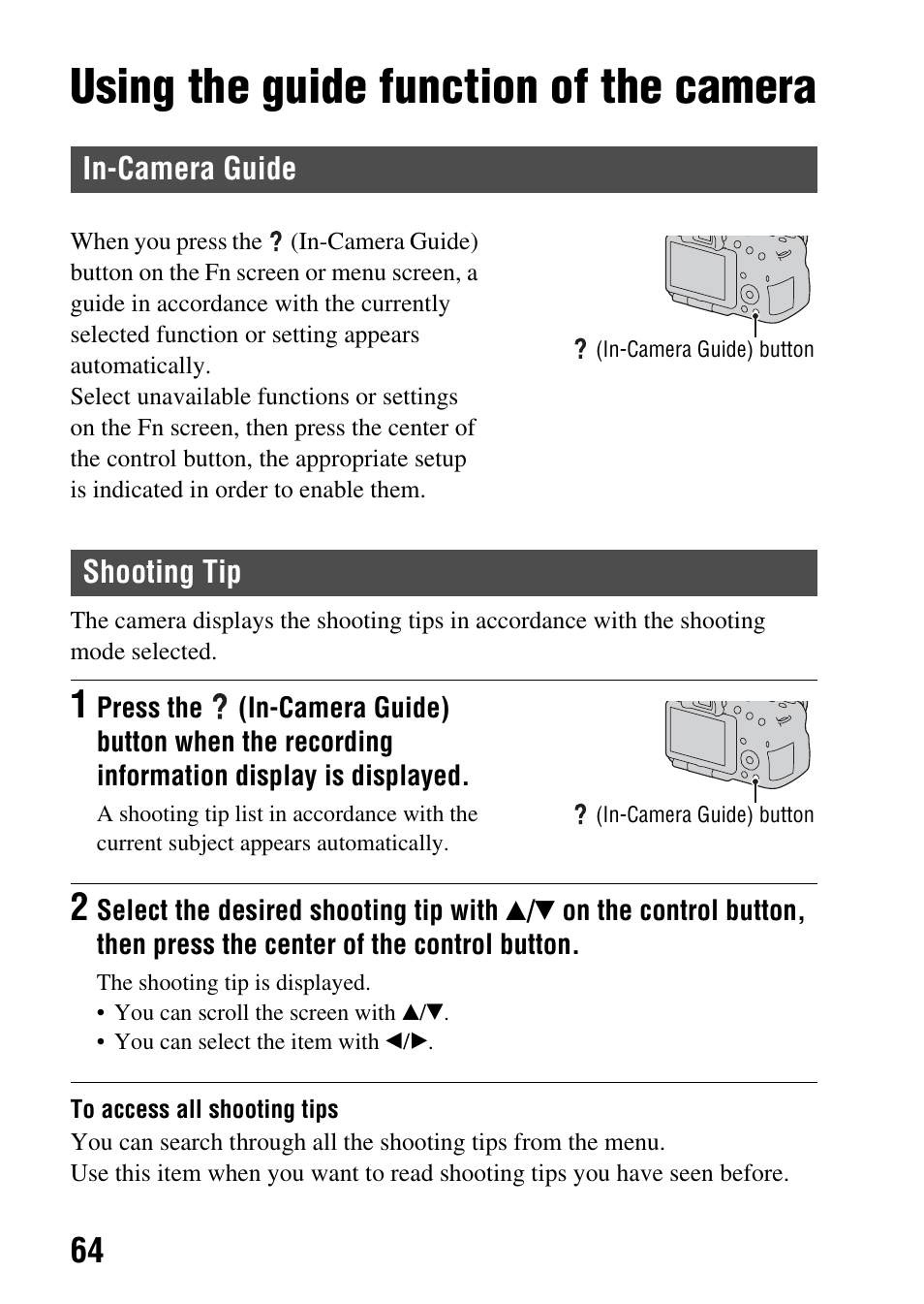 Using the guide function of the camera, In-camera guide, Shooting tip | In-camera guide shooting tip, On (64) | Sony SLT-A65VL User Manual | Page 64 / 214