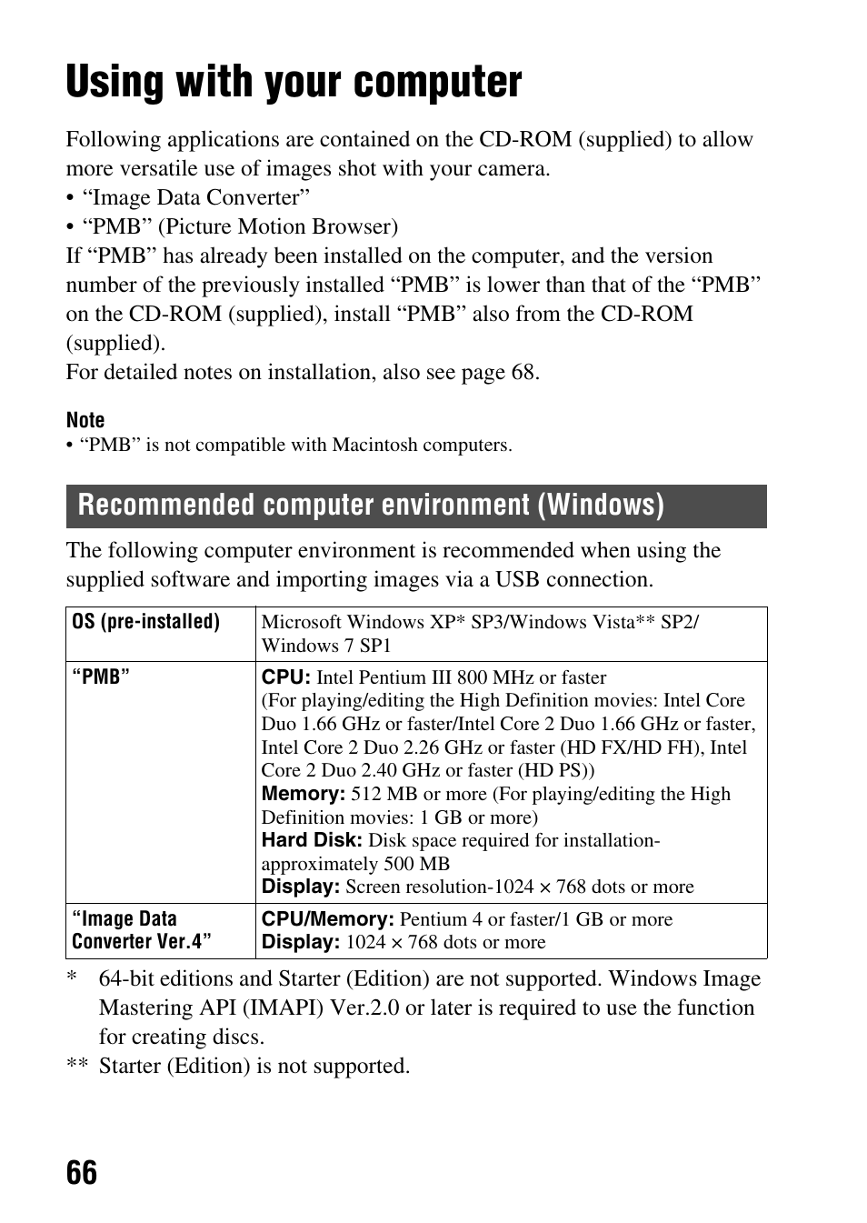 Viewing images on a computer, Using with your computer, Recommended computer environment (windows) | Sony SLT-A65VL User Manual | Page 66 / 214