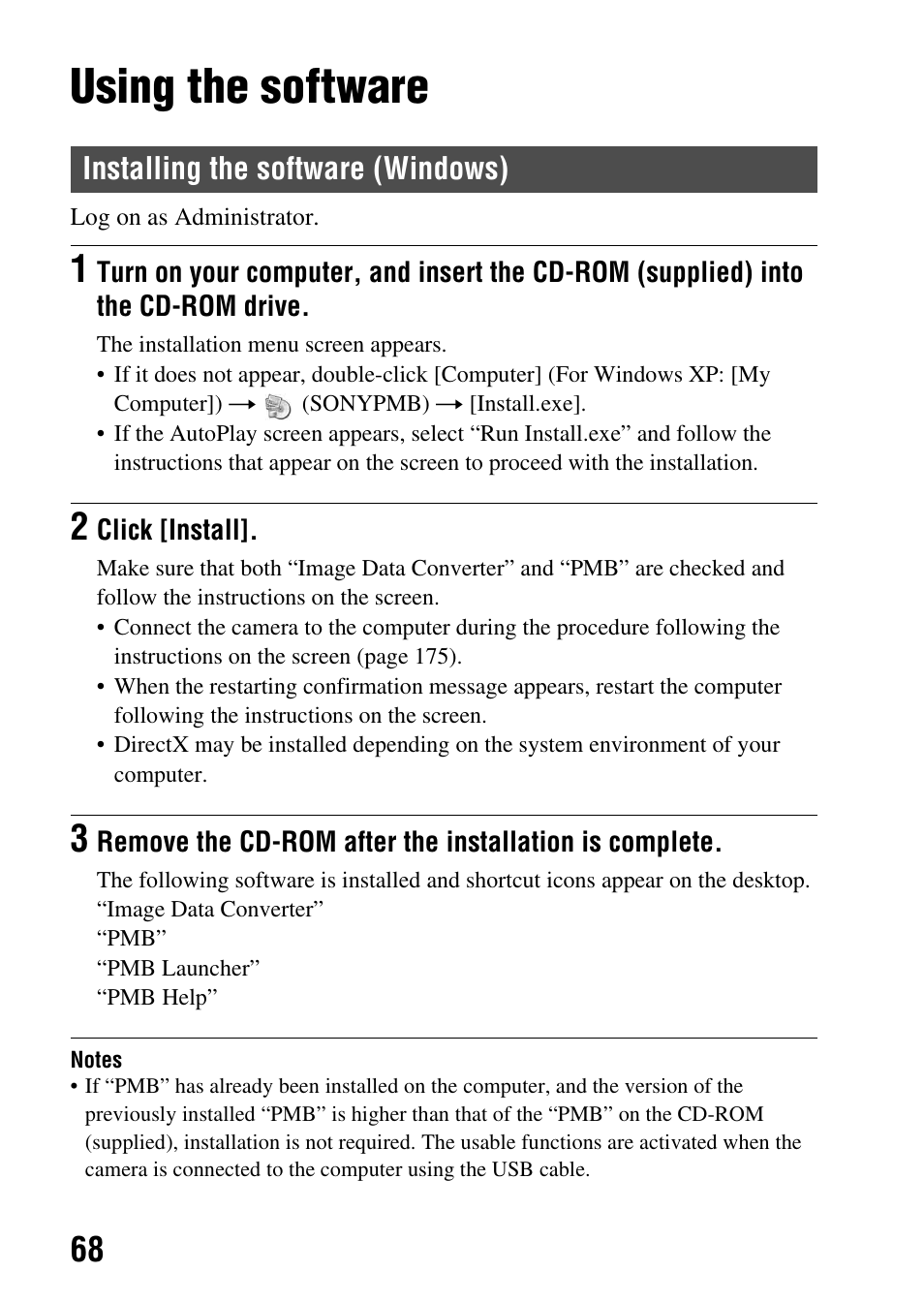 Using the software, Installing the software (windows) | Sony SLT-A65VL User Manual | Page 68 / 214