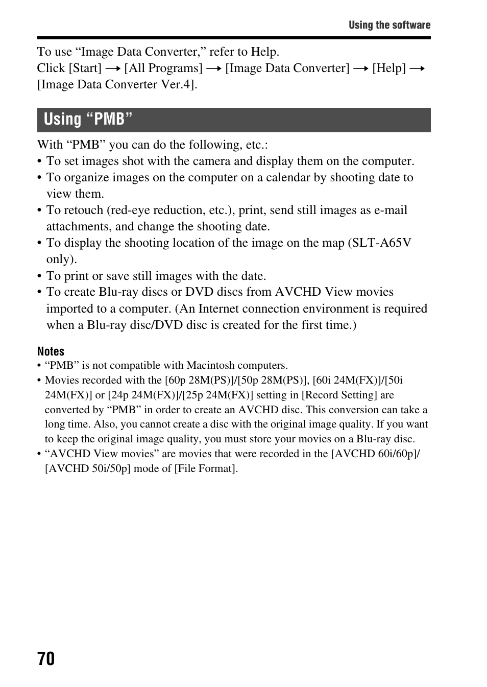 Using “pmb | Sony SLT-A65VL User Manual | Page 70 / 214