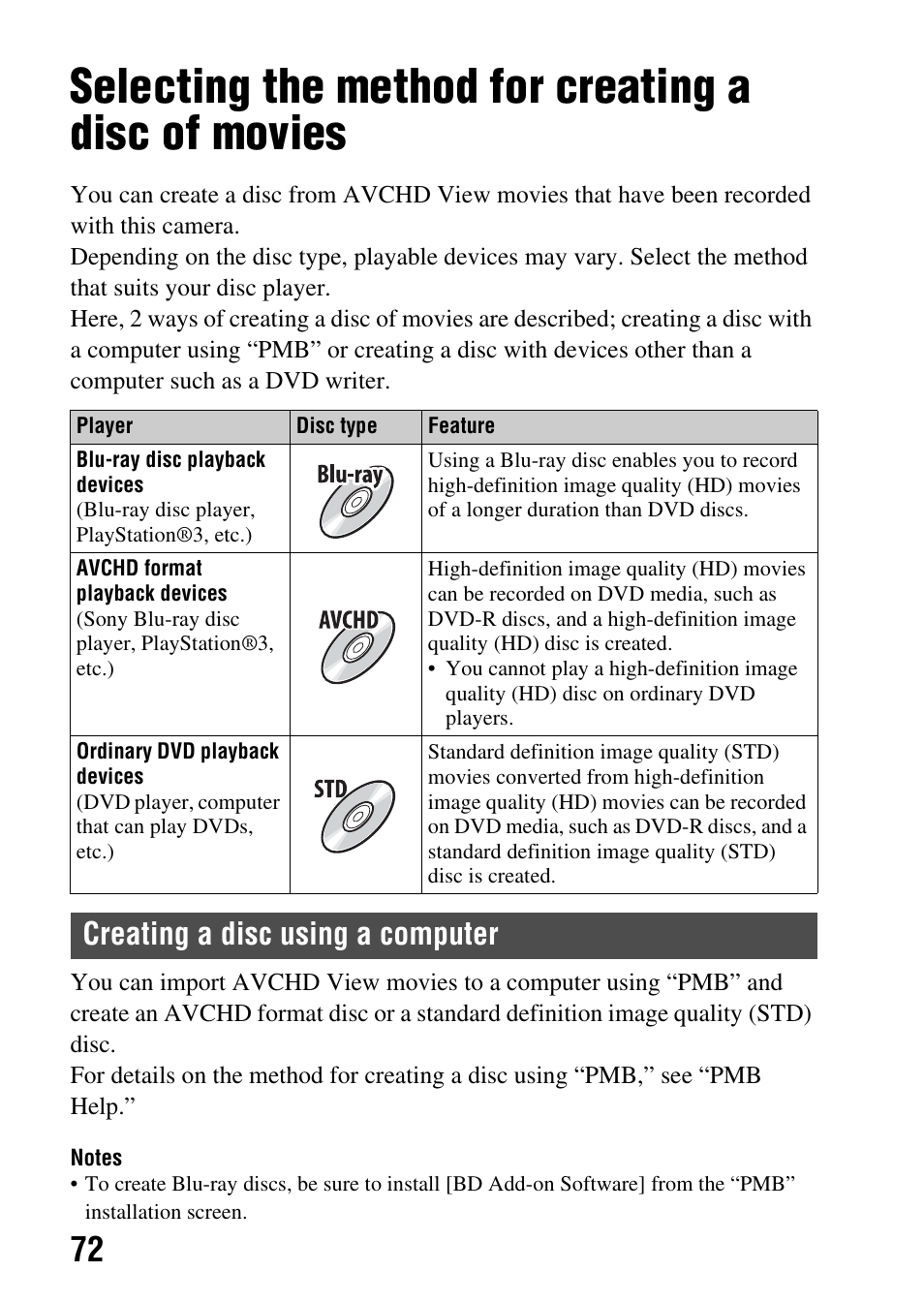 Selecting the method for creating a disc of movies, Creating a disc using a computer | Sony SLT-A65VL User Manual | Page 72 / 214