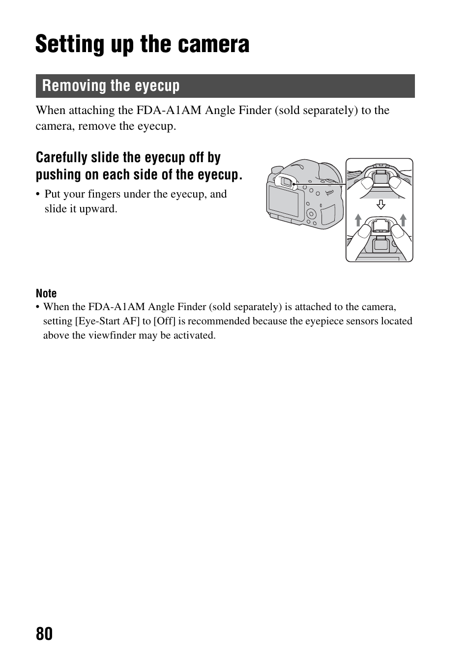 Setting up the camera, Removing the eyecup, Eyepiece sensors (80) | P (80) | Sony SLT-A65VL User Manual | Page 80 / 214