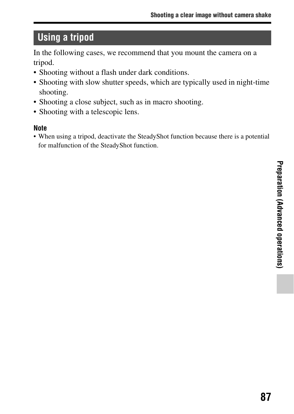 Using a tripod | Sony SLT-A65VL User Manual | Page 87 / 214