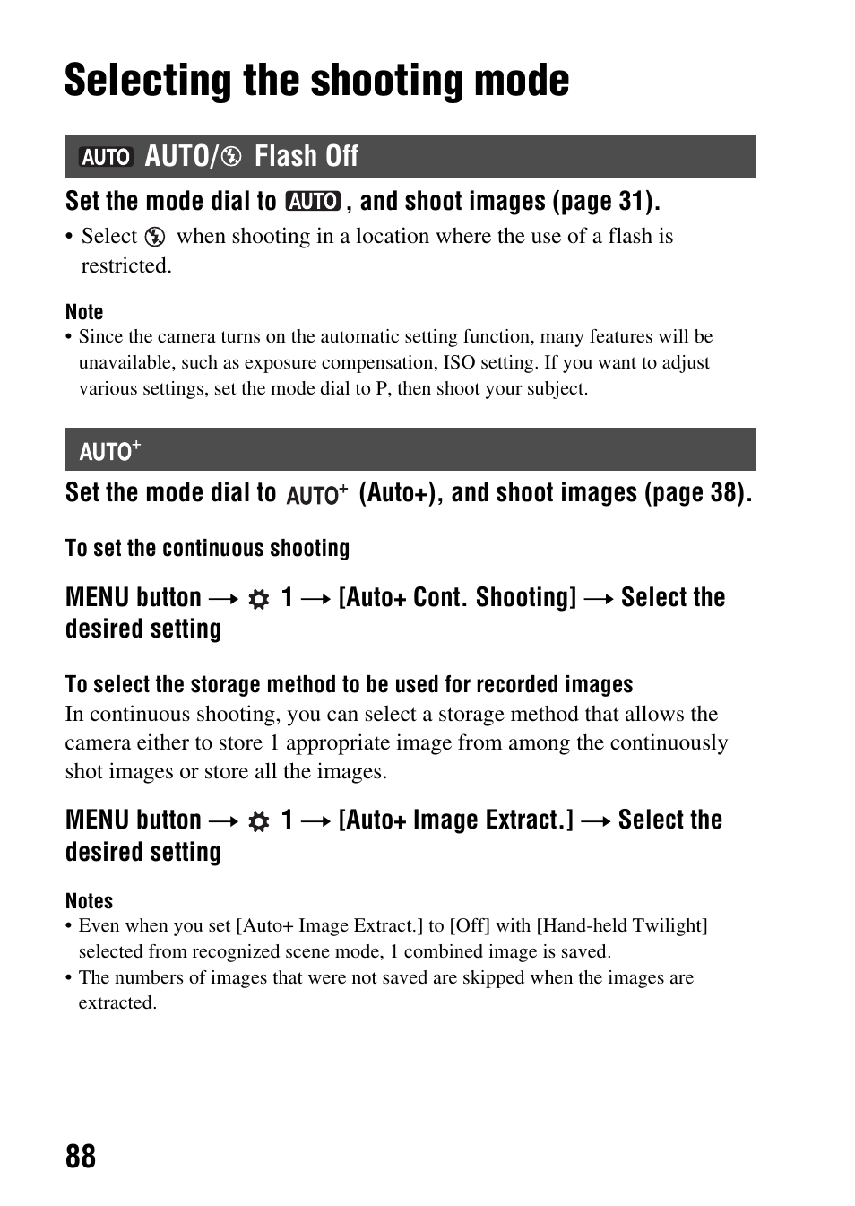 Shooting, Selecting the shooting mode, Auto/ flash off | Auto, Shooting (advanced operations) | Sony SLT-A65VL User Manual | Page 88 / 214