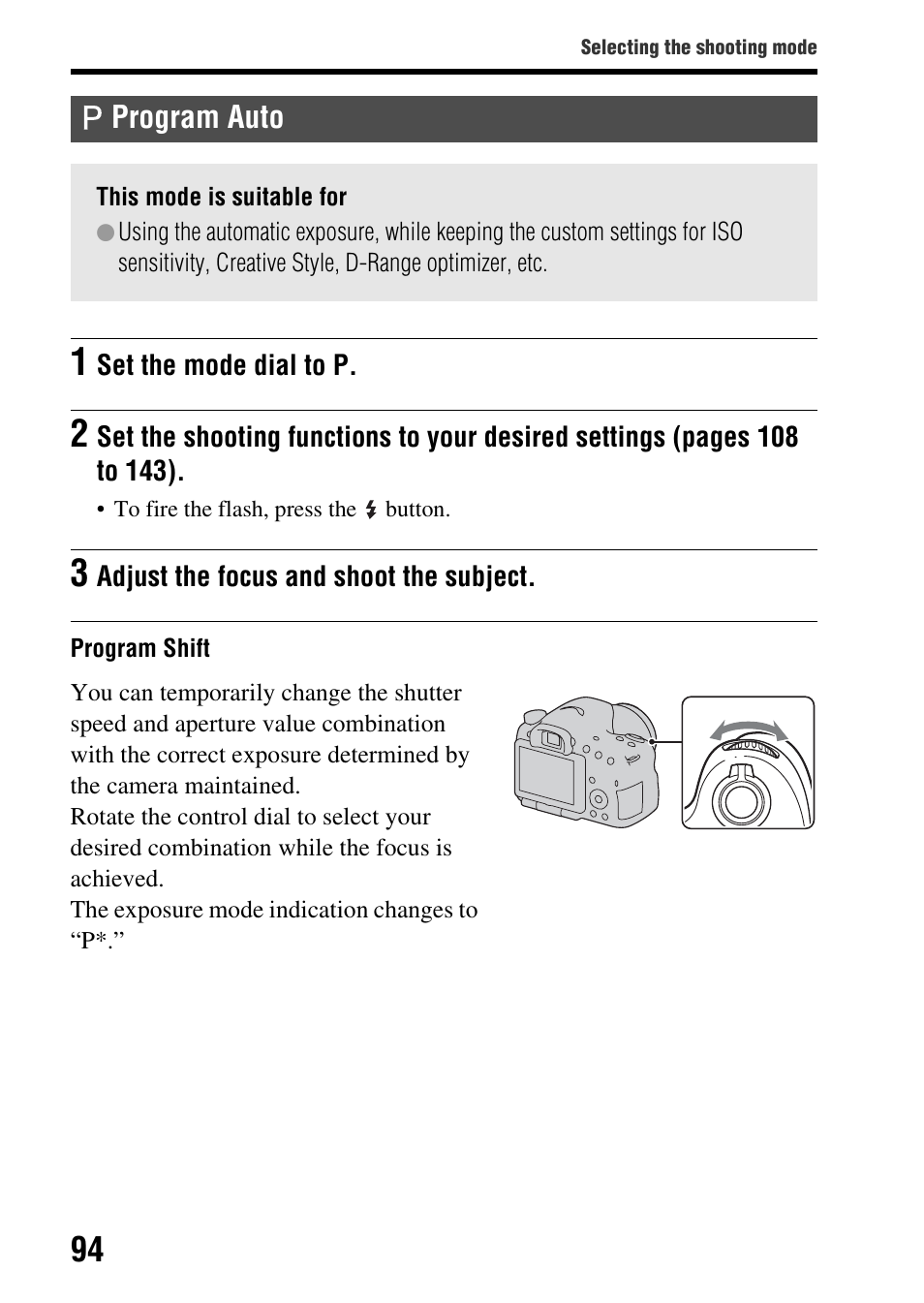 Program auto, L dial (94) | Sony SLT-A65VL User Manual | Page 94 / 214