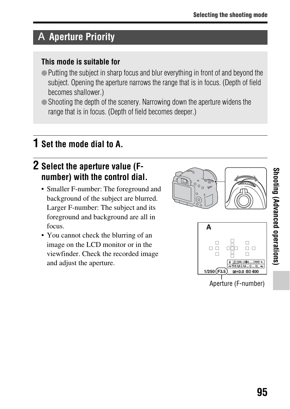 Aperture priority | Sony SLT-A65VL User Manual | Page 95 / 214