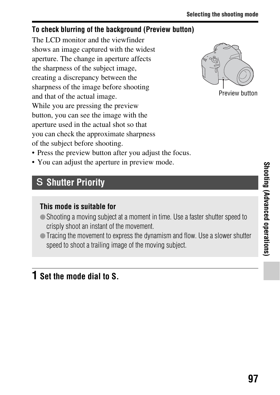 Shutter priority, N (97), Eed (97) | Sony SLT-A65VL User Manual | Page 97 / 214