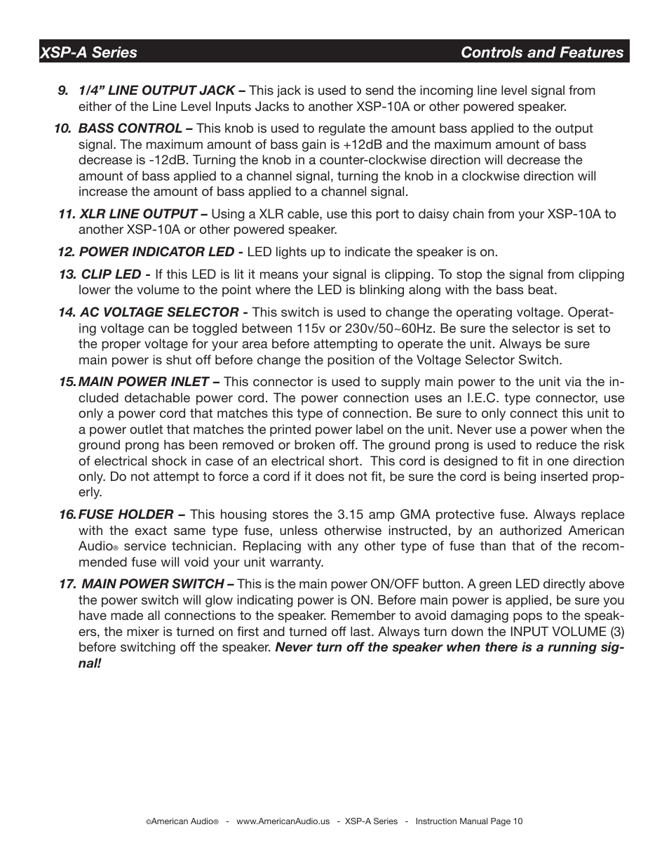 Xsp-a series controls and features | American Audio XSP-A User Manual | Page 10 / 24