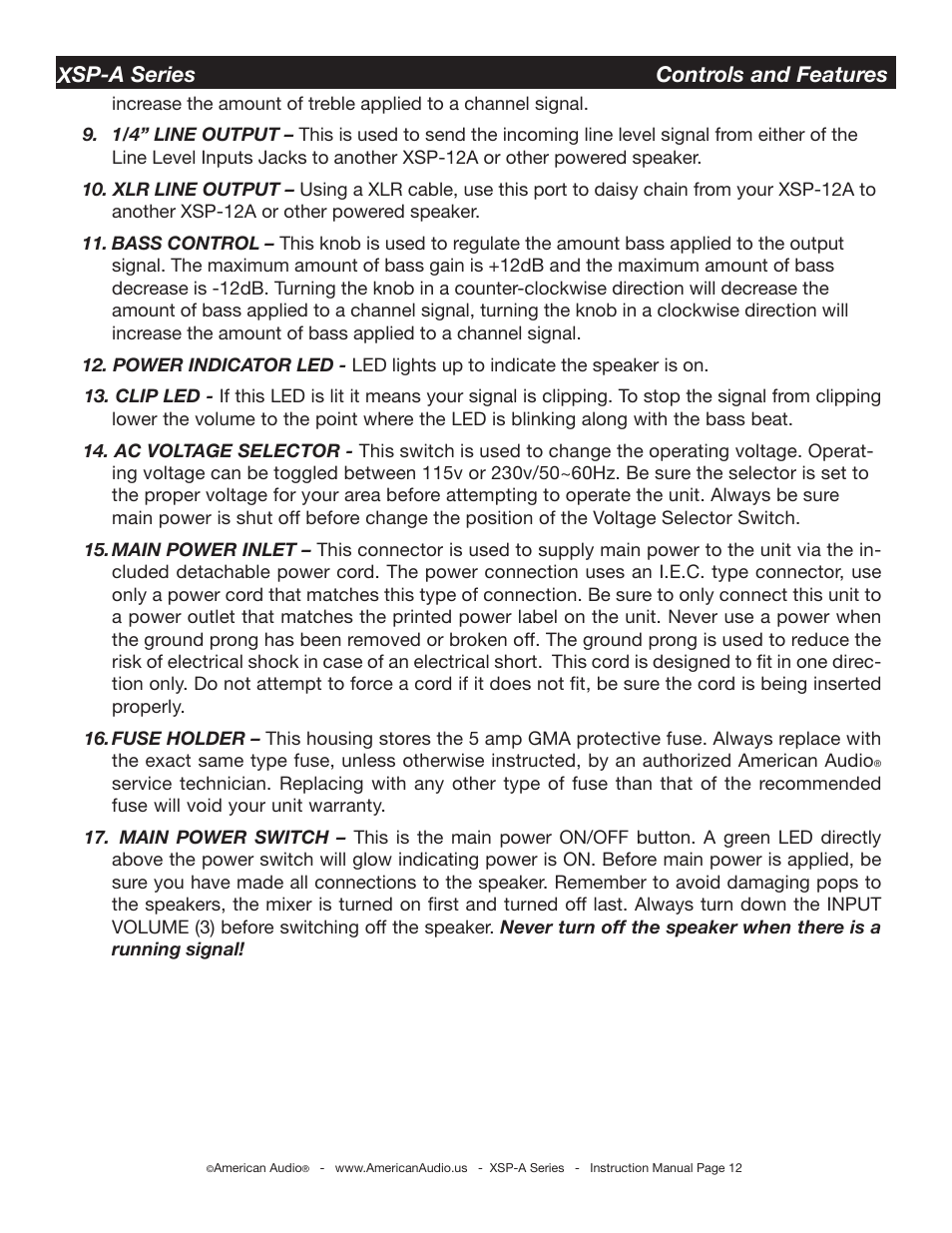 Xsp-a series controls and features | American Audio XSP-A User Manual | Page 12 / 24
