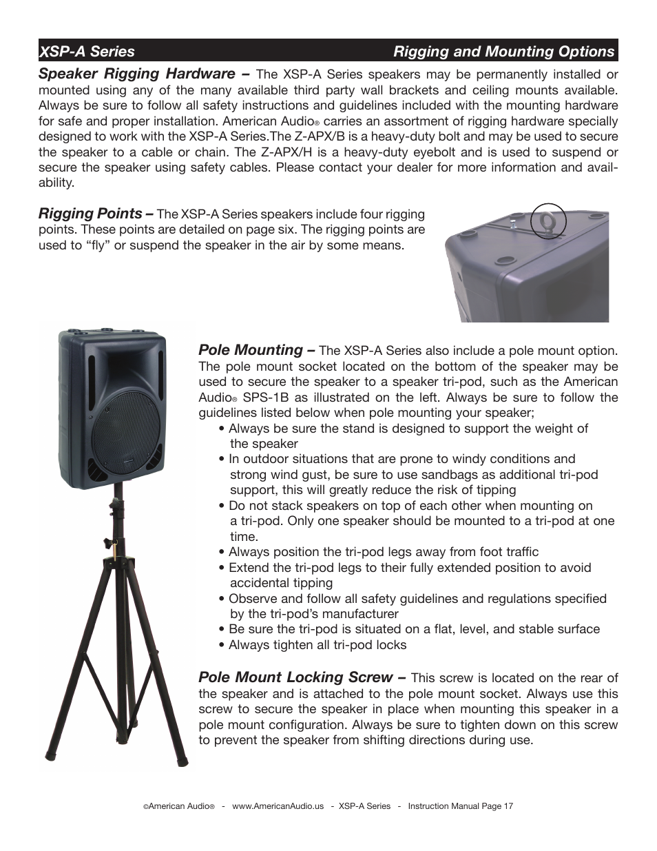 Rigging points, Pole mounting, Pole mount locking screw | American Audio XSP-A User Manual | Page 17 / 24